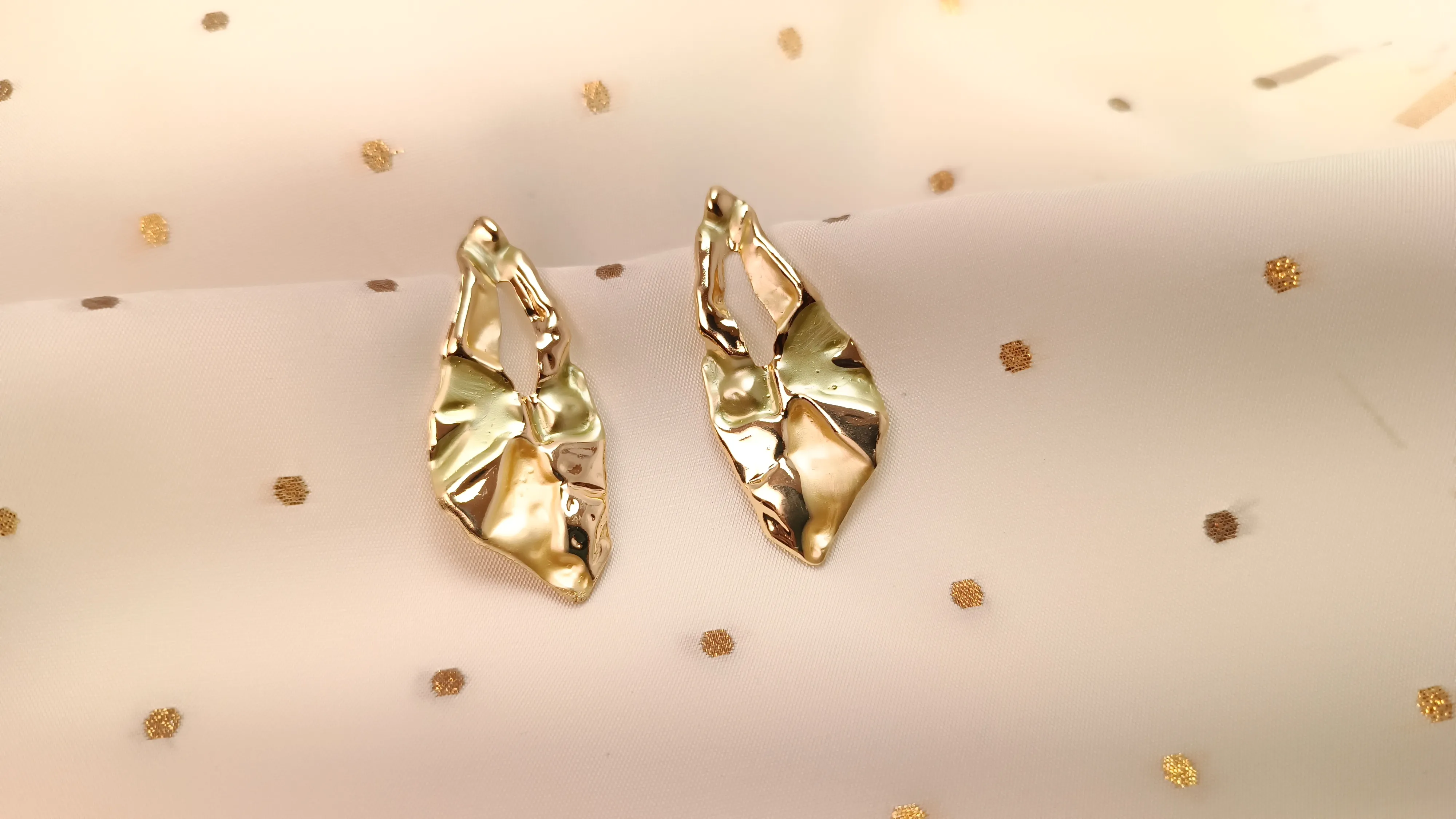 Gold Plated Abstract Molten Earrings – Sculptural Liquid Metal Drop Studs in Stainless Steel
